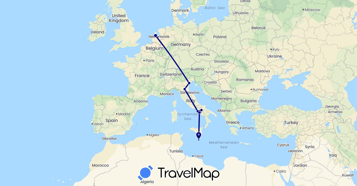 TravelMap itinerary: driving in Italy, Malta, Netherlands (Europe)